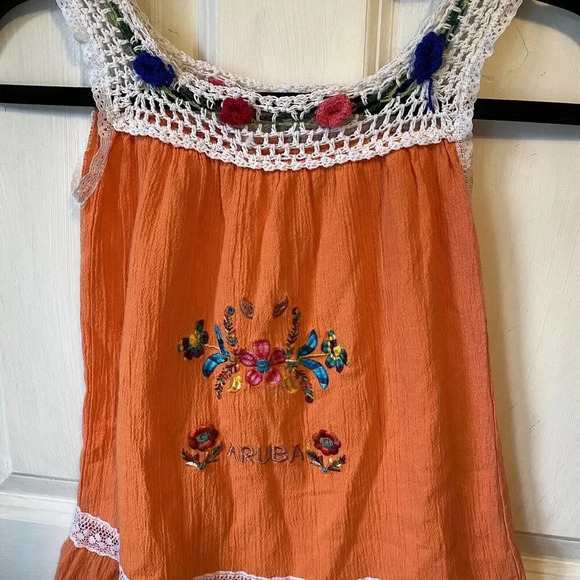 VTG Aruba Girl Sun Dress Sz 8 Orange Floral Embroidered Crochet Casual Beachy - Picture 5 of 7
